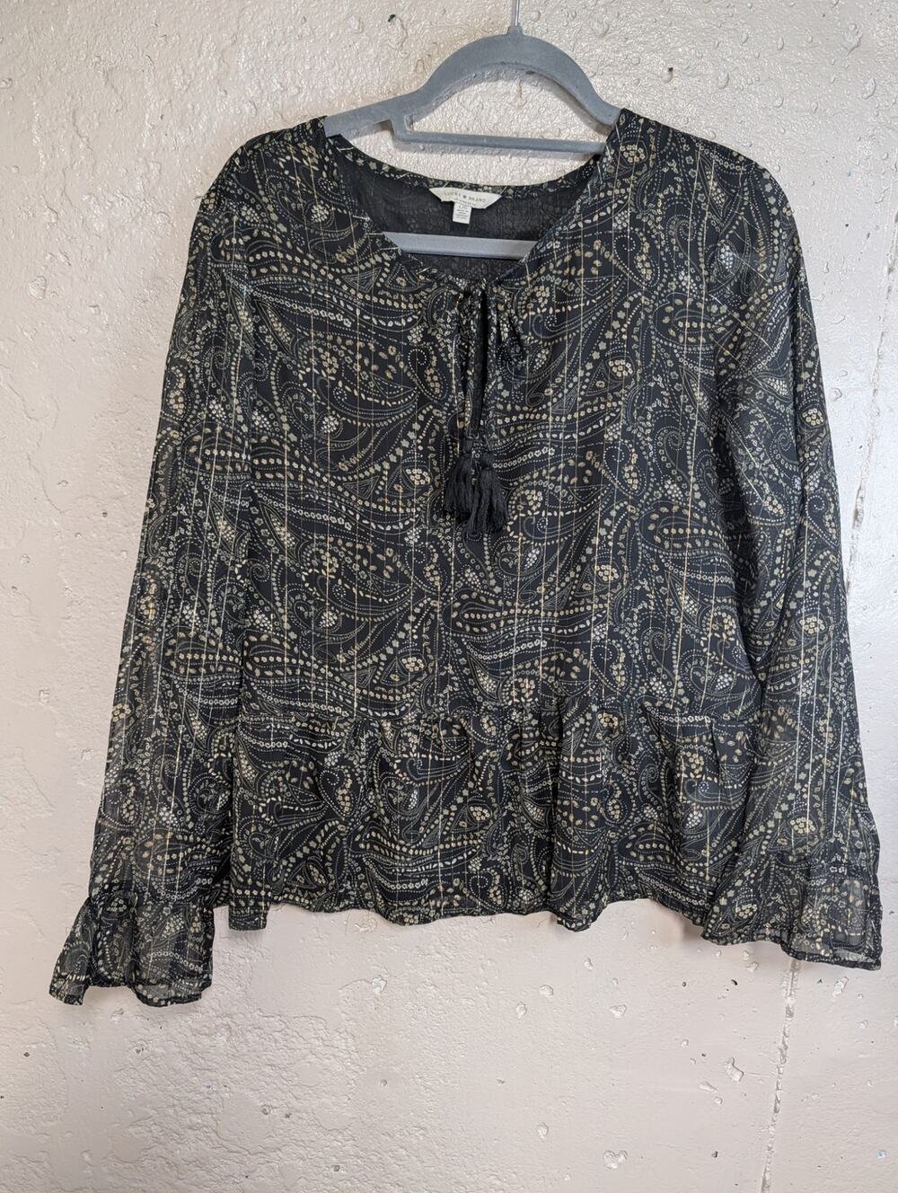 Lucky Brand Black Metallic Paisley Peplum Blouse Tassel Tie Large